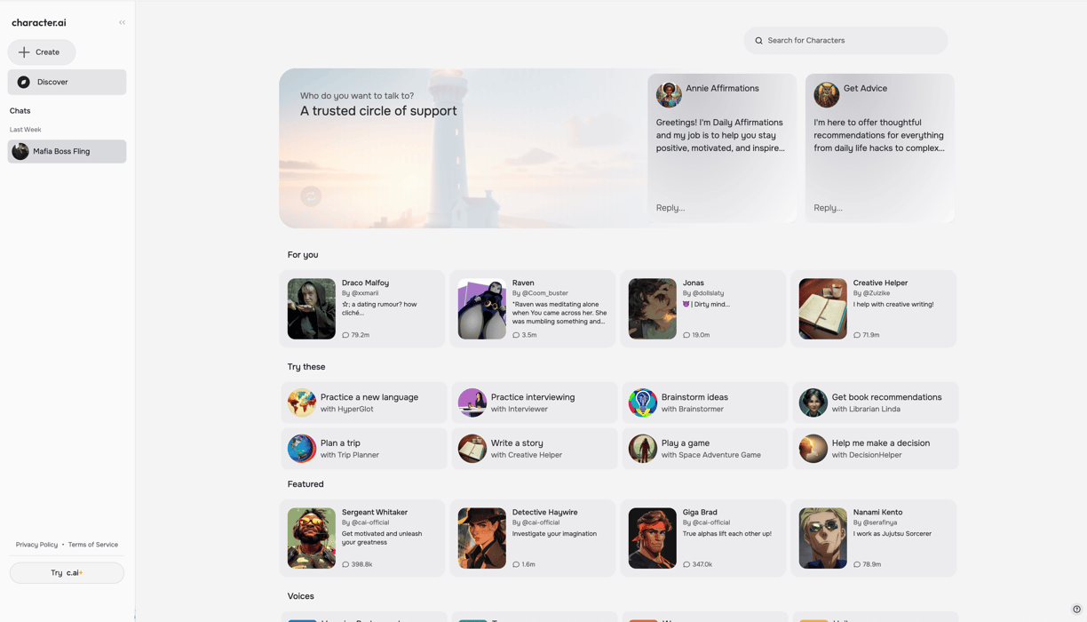 Screenshot of character ai home page