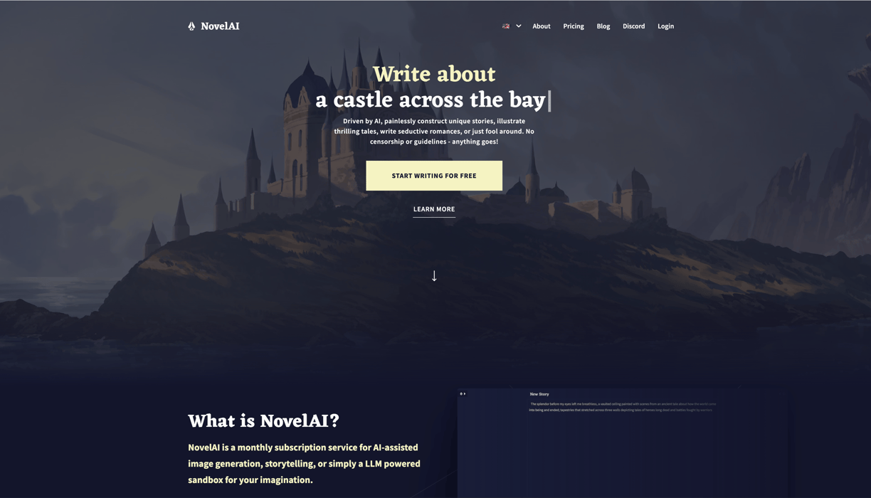 Screenshot of NovelAI homepage