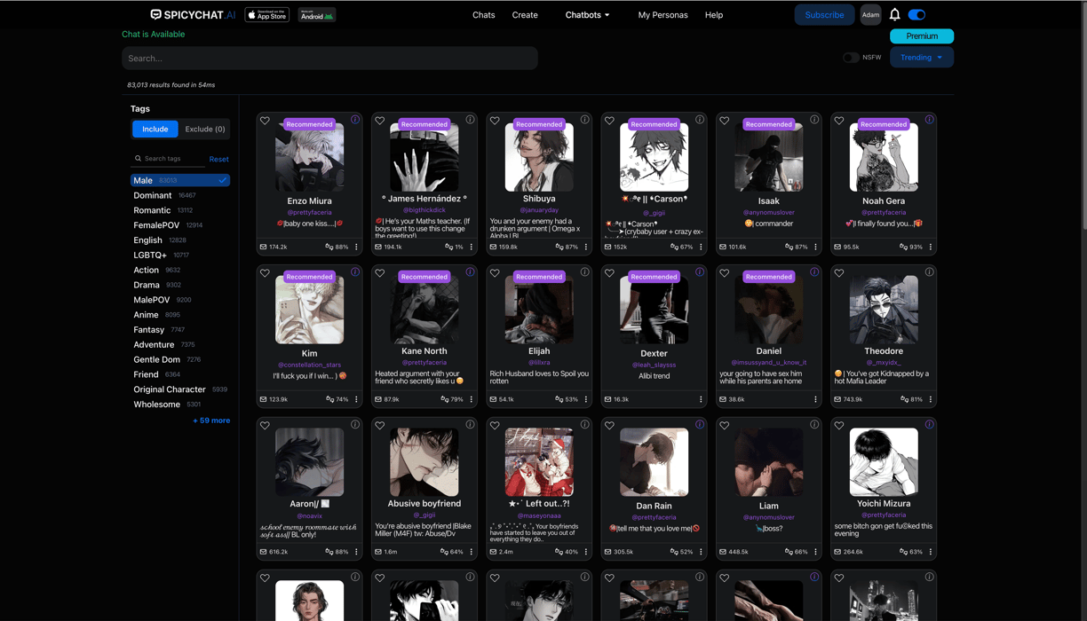 Screenshot of SpicyChat homepage