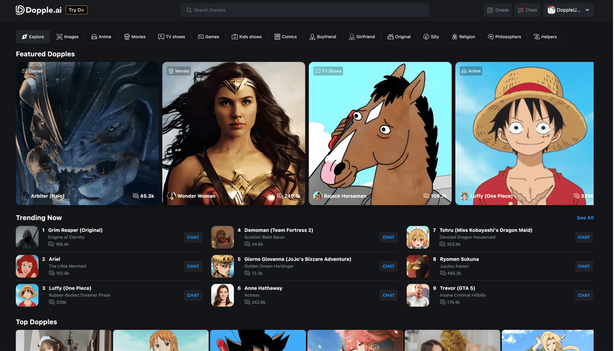 Screenshot of Dopple AI homepage