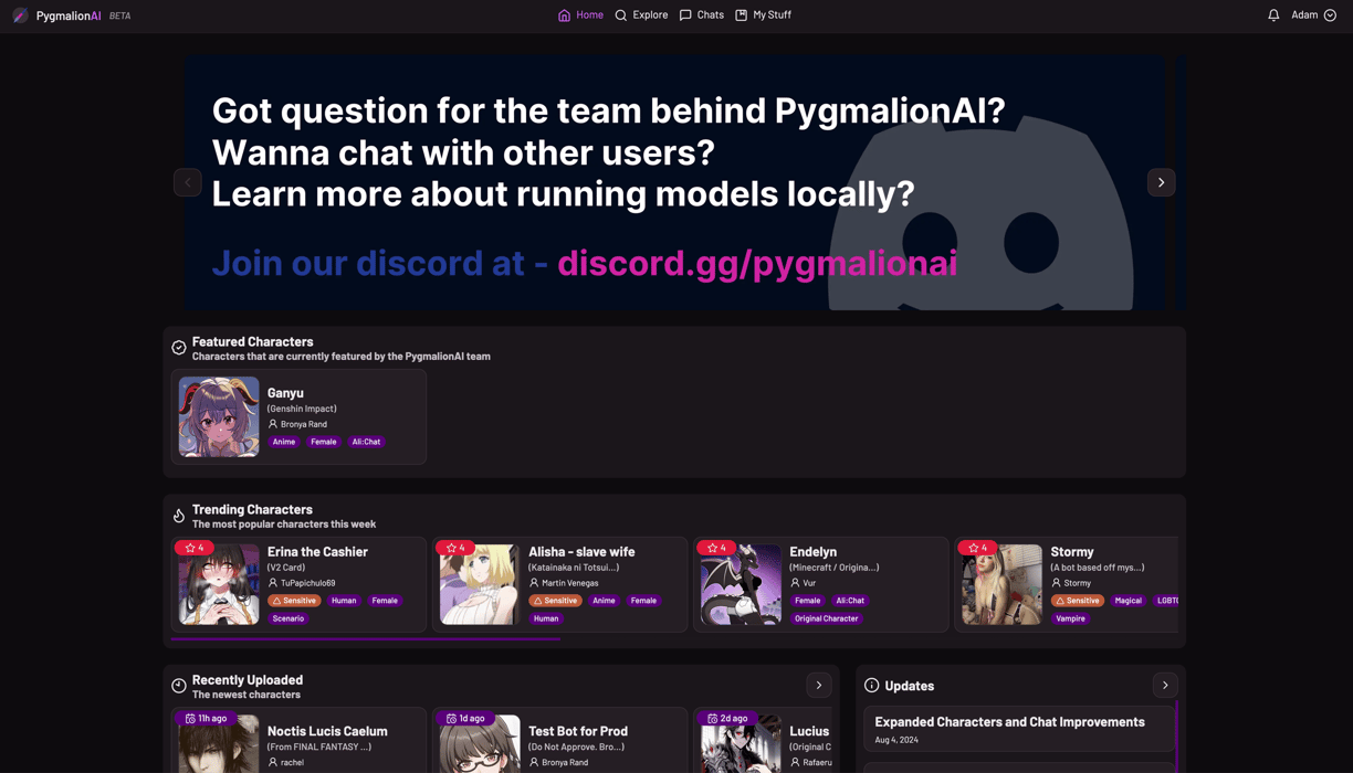 Screenshot of PygmalionAI homepage