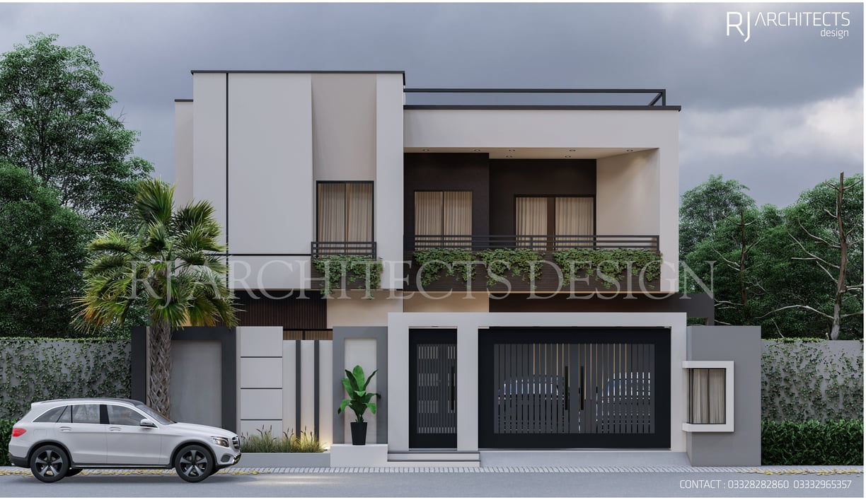 Modern two-story house with a minimalist white and black facade, glass balcony railing, and gated en