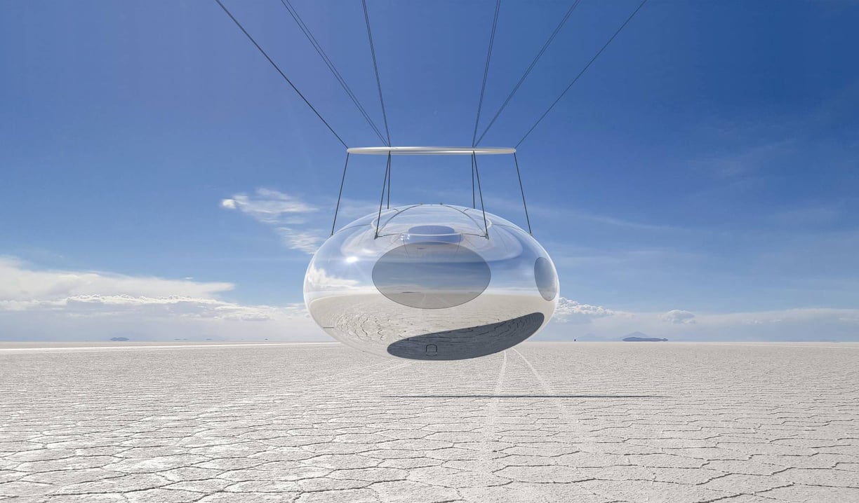 Futuristic glass pod suspended over a vast, cracked salt flat under a clear blue sky.