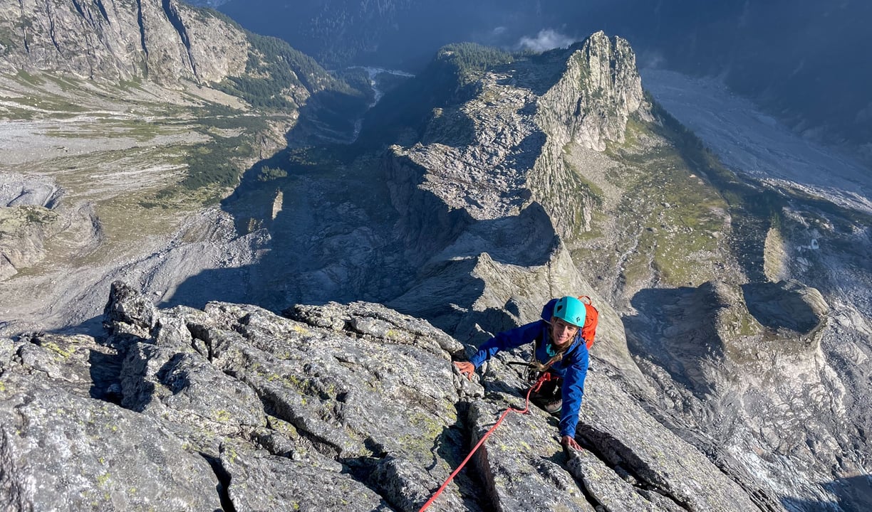 Climbing in the sun — High on the north ridge of Piz Badile.