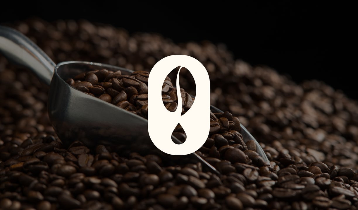 a coffee brand logo against a backdrop of coffee beans