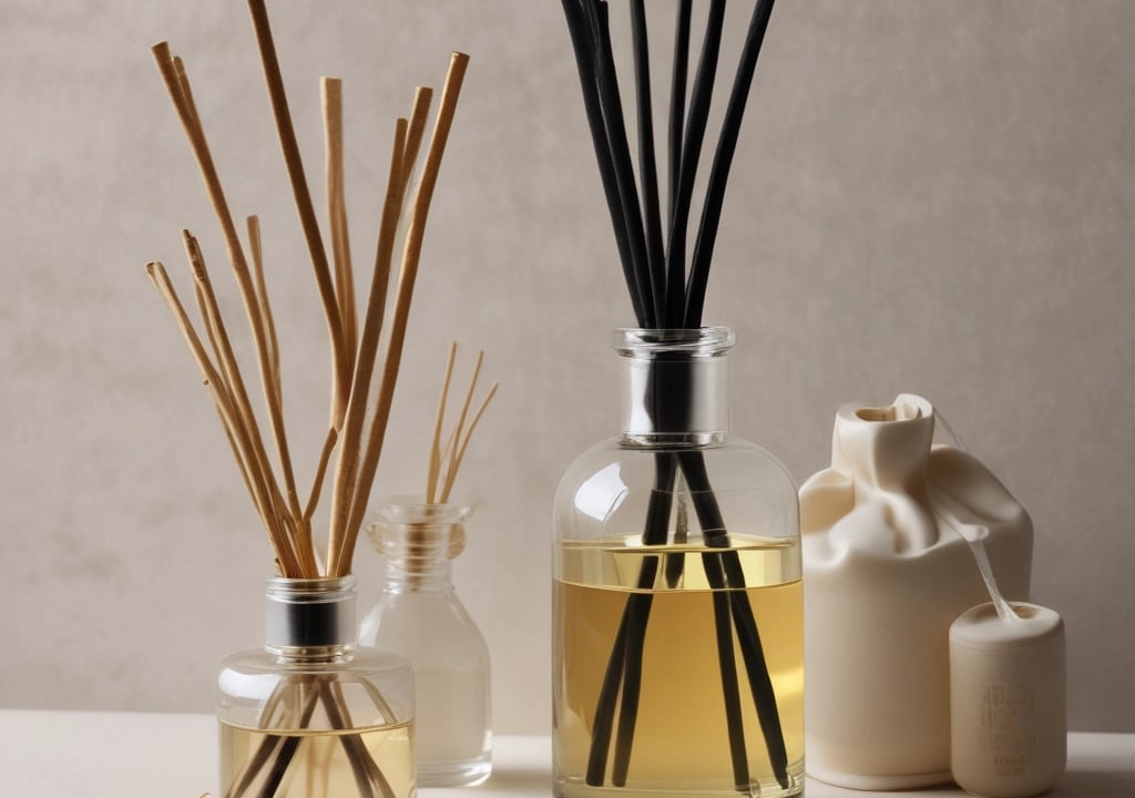 A white, sleek essential oil diffuser emits a gentle wisp of vapor, placed alongside a small dark bottle labeled ‘Eucalyptus’. They both rest on a soft gray fabric, accompanied by a branch of eucalyptus leaves that adds a natural touch.