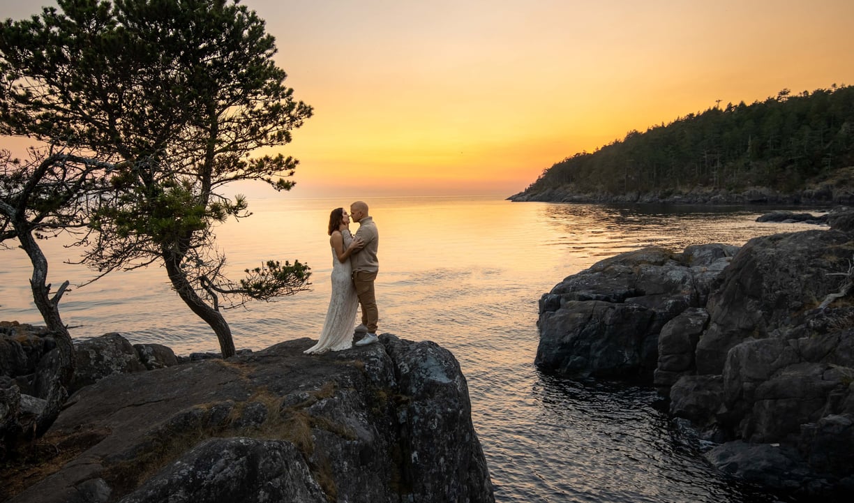 a bride and groom standing on a rock formation at creek point, British Columbia