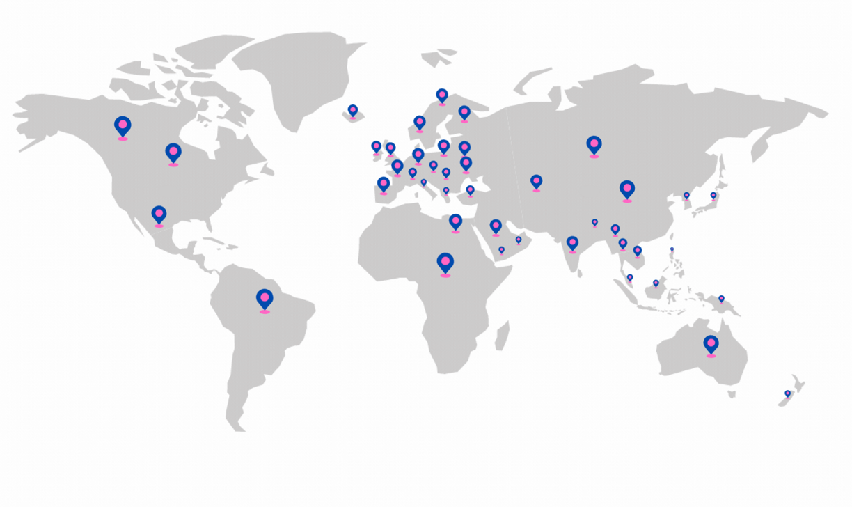 "An interactive map illustrating the global network of a company or service, highlighting regions 