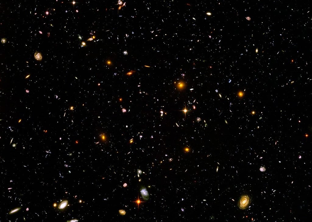 The Hubble deep field view, about one 24-millionth of the whole sky.  Each spec of light a Galaxy!