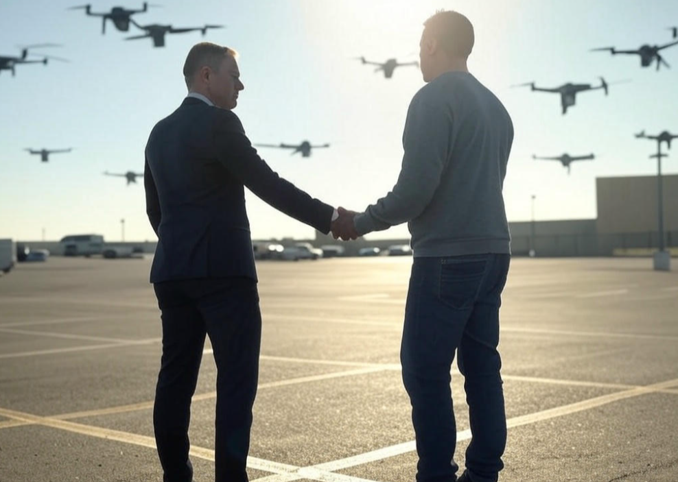 two men shaking hands in front of a large group of planes
