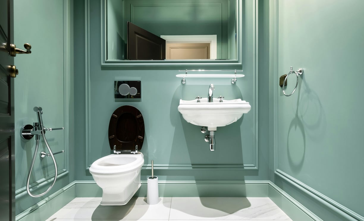 Modern luxury bathroom with premium sanitaryware and accessories from Gulf Ceramics, Sharjah showroom.