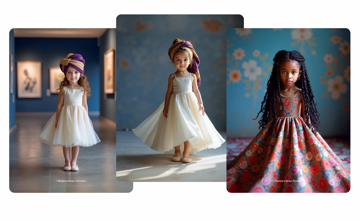 Two little girls wearing white dresses and decorative head scarf , African print dress