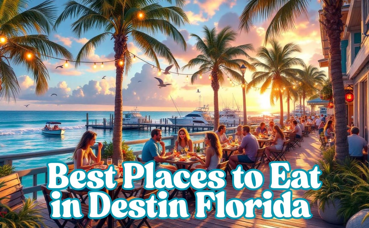 a beach with palm trees and people sitting at tables with palm trees