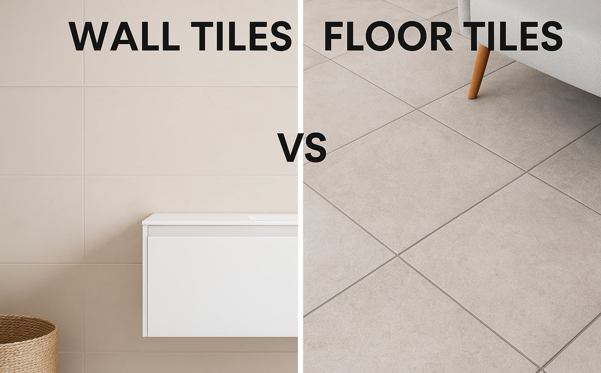 Comparison display of wall and floor tiles in a modern interior by Gulf Ceramics showroom in Sharjah.