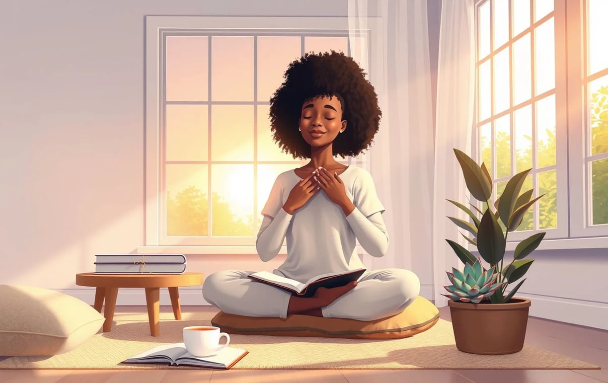 _a_serene_pastel_toned_illustration_showing_a_young_afro_woman_20_50_years_old_seated_comfortable