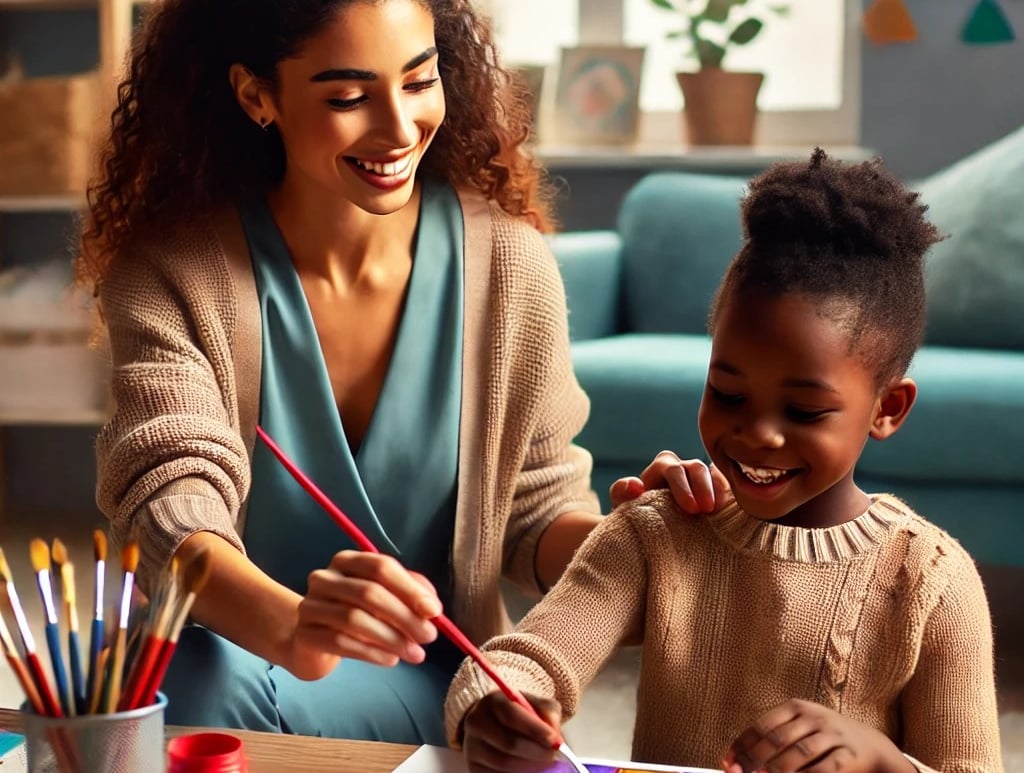 a woman and child are smiling and playing with paint