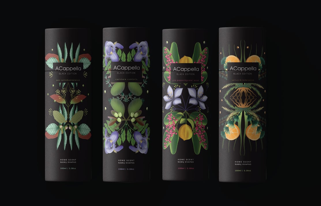 black home scent packaging tubes on a black background. tubes decorated with illustrations of plants