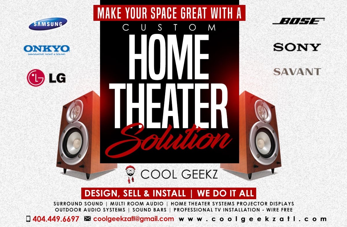 Home theater sales and design flyer for Cool Geekz