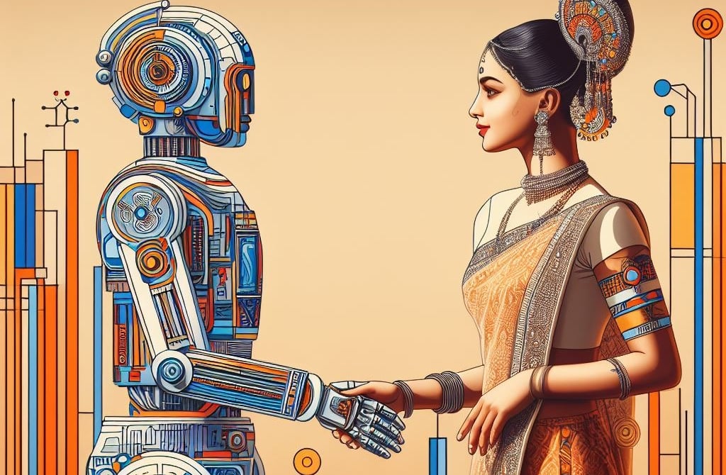 Colourful robot shaking hands with a woman