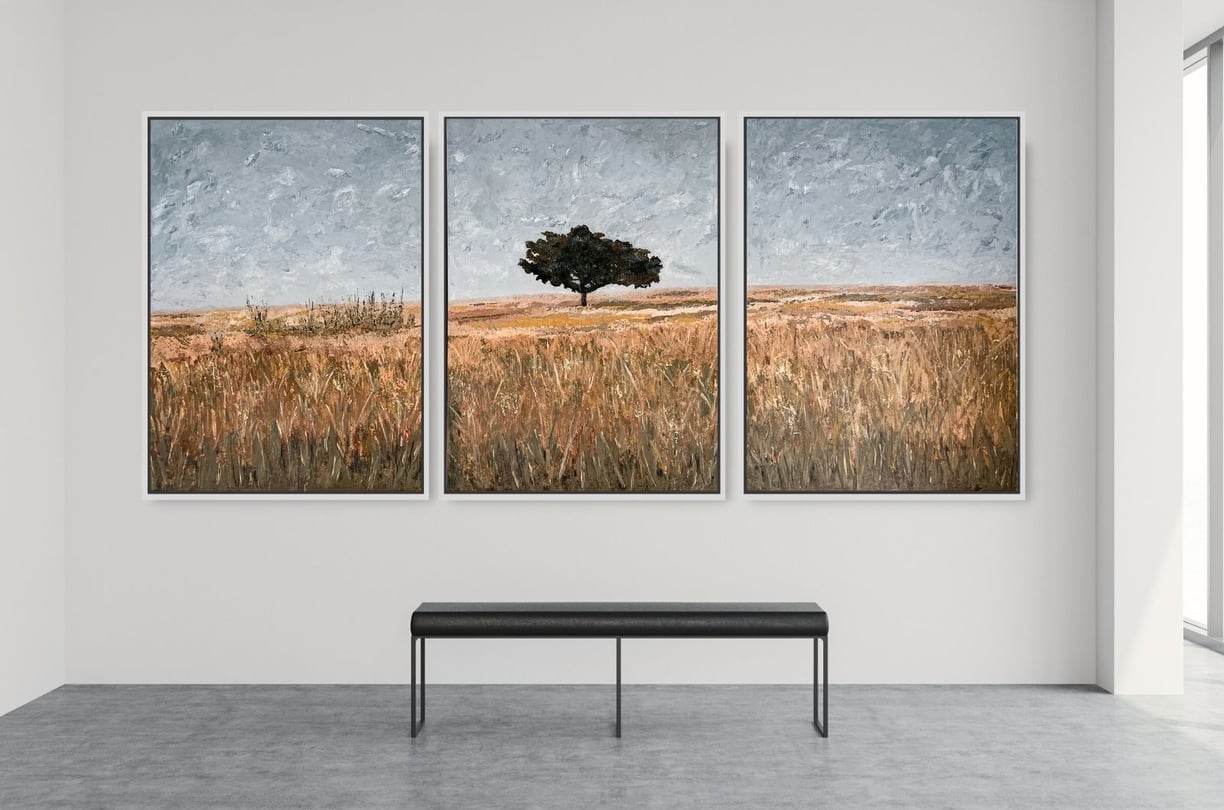 Large triptych painting by Martin Osner showing a single tree in a field of warm brown grasses under a soft grey sky