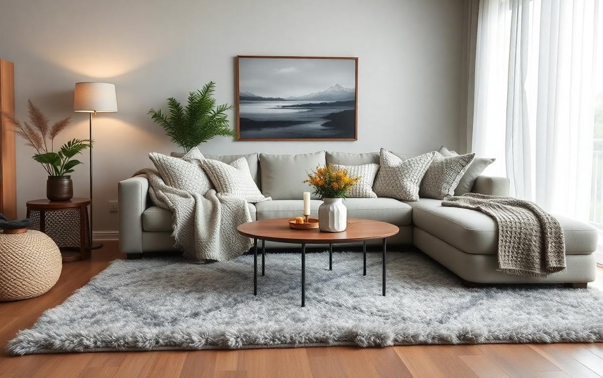 cozy living room with area rug and a couch with throw pillows