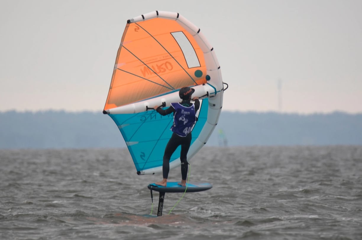 Mokytojas rodo pagrindinius wing foil valdymo principus ant kranto