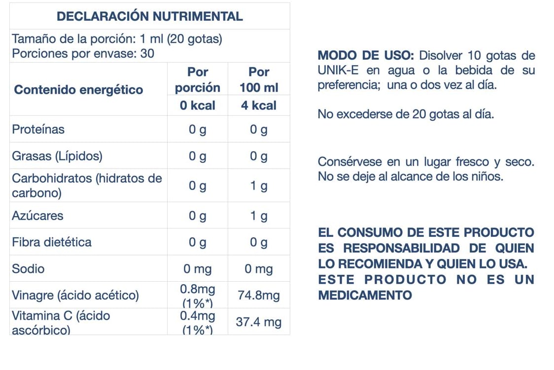 Declaración nutrimental y modo de uso de UNIKE
