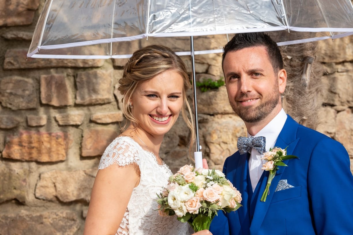 a bride and groom standing under a clear umbrella