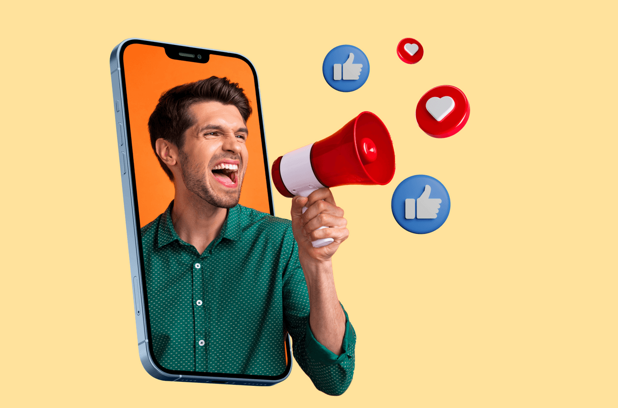 Man with megaphone emerging from smartphone screen surrounded by social media icons, representing in
