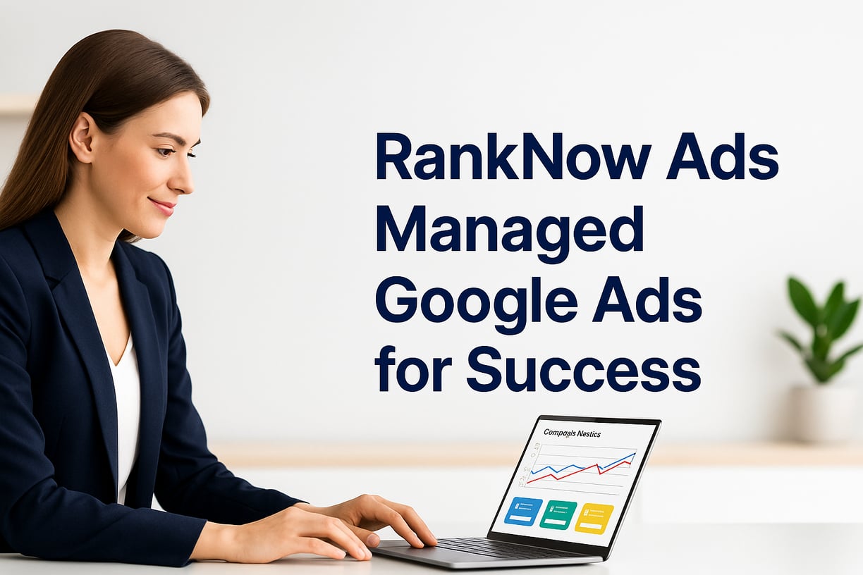 Business professional managing a Google Ads campaign on a laptop, with text promoting RankNow Ads ma