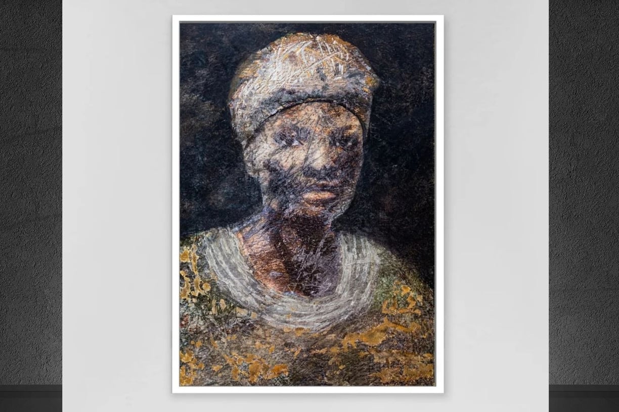 African Portrait entitled Eliza, painted by Artist Martin Osner is seen on exhibition on a modern gallery wall
