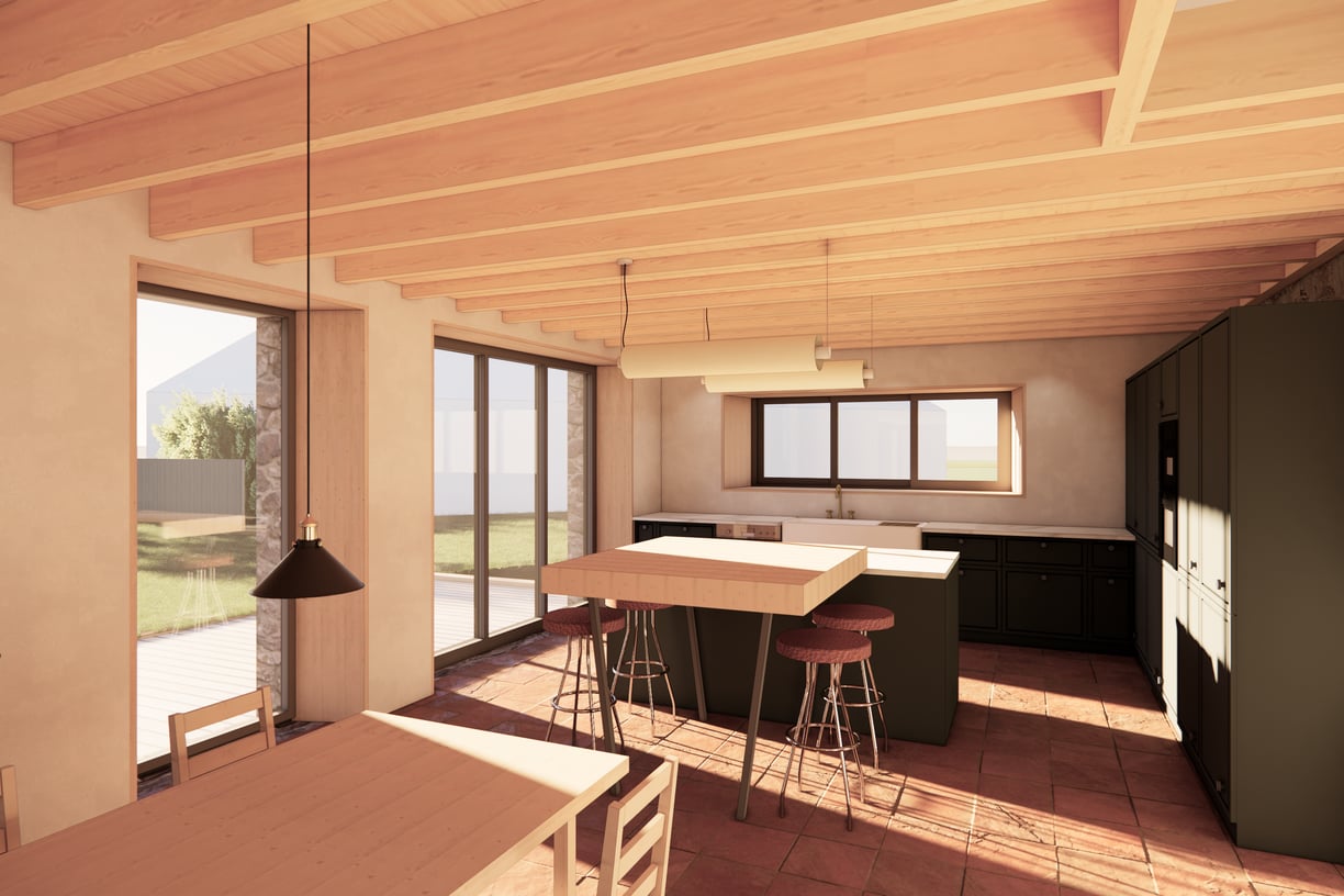 Vue intérieure cuisine, tomette, bois et chaux chanvre