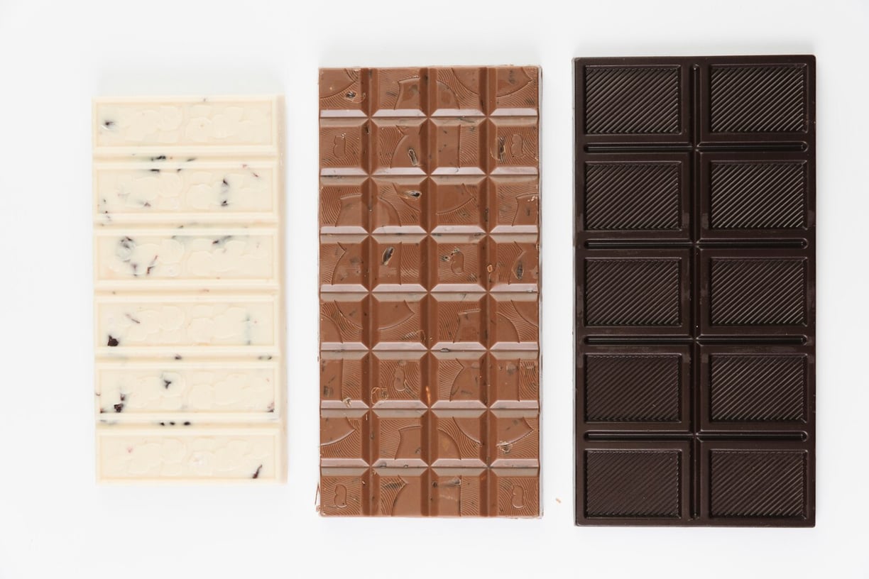 Top view of 3 chocolate bars on a white background. From left to right white, milk, & dark chocolate