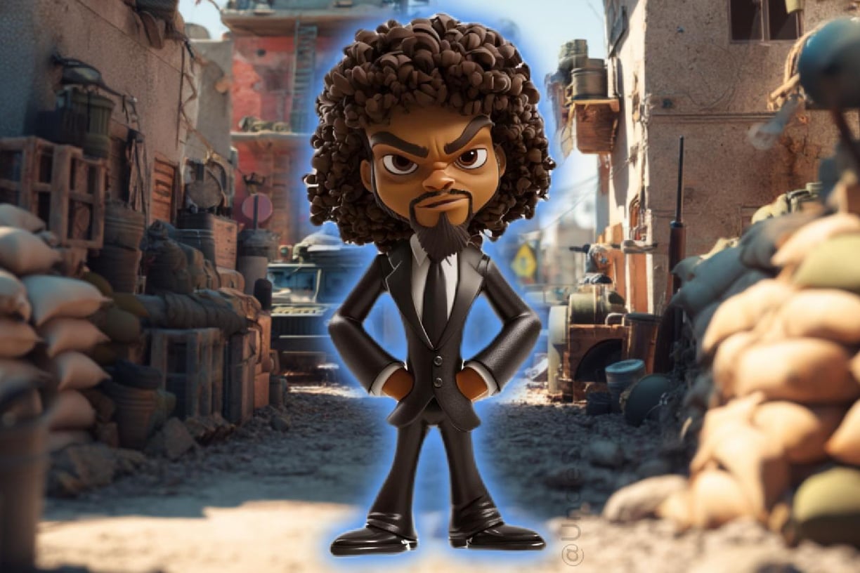 Uncle Slim in black suit standing on city street background