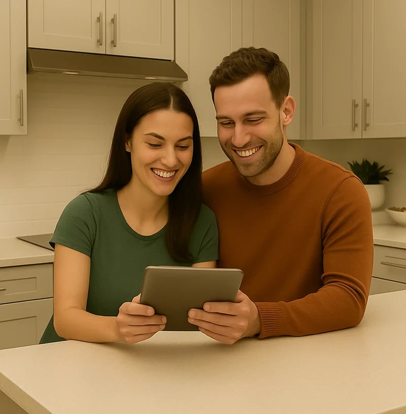 a man and woman standing in a kitchen with new shaker cabinets and zero stress