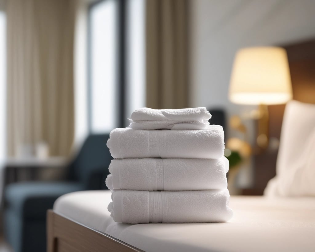 A close-up of a towel with a textured red and beige pattern is placed on a wooden surface. A label is sewn onto the towel, displaying the text 'Designed in Berlin Made in Germany towel.studio 100% Organic Cotton' along with care symbols.
