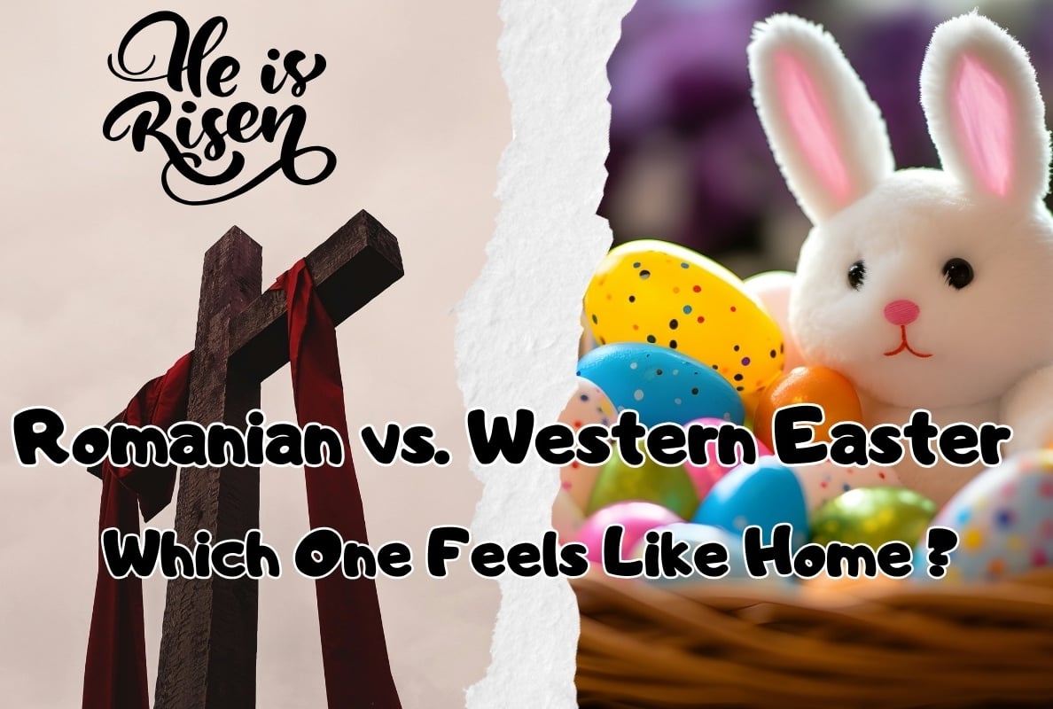 Romanian vs. Western Easter traditions – cross with red cloth vs. bunny with colorful eggs
