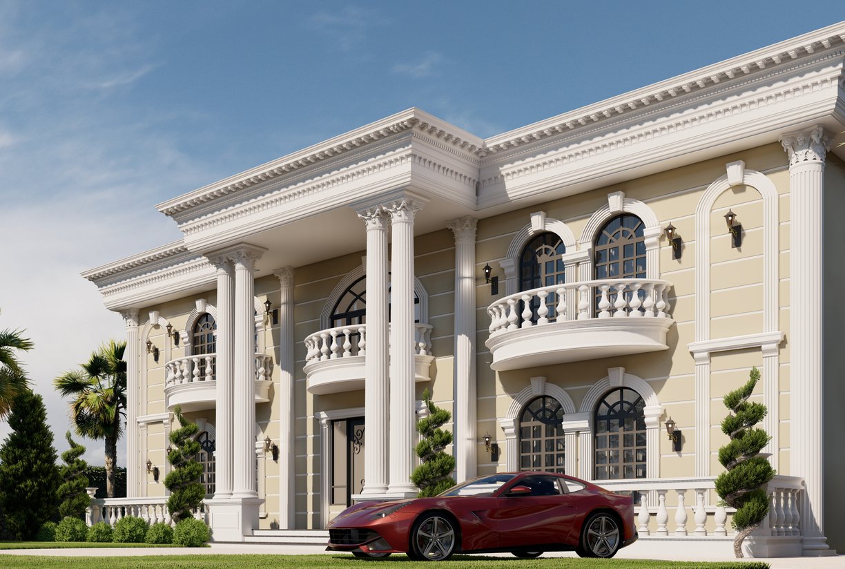 Neoclassical luxury villa 3D rendering with grand columns, arched windows, and a red sports car