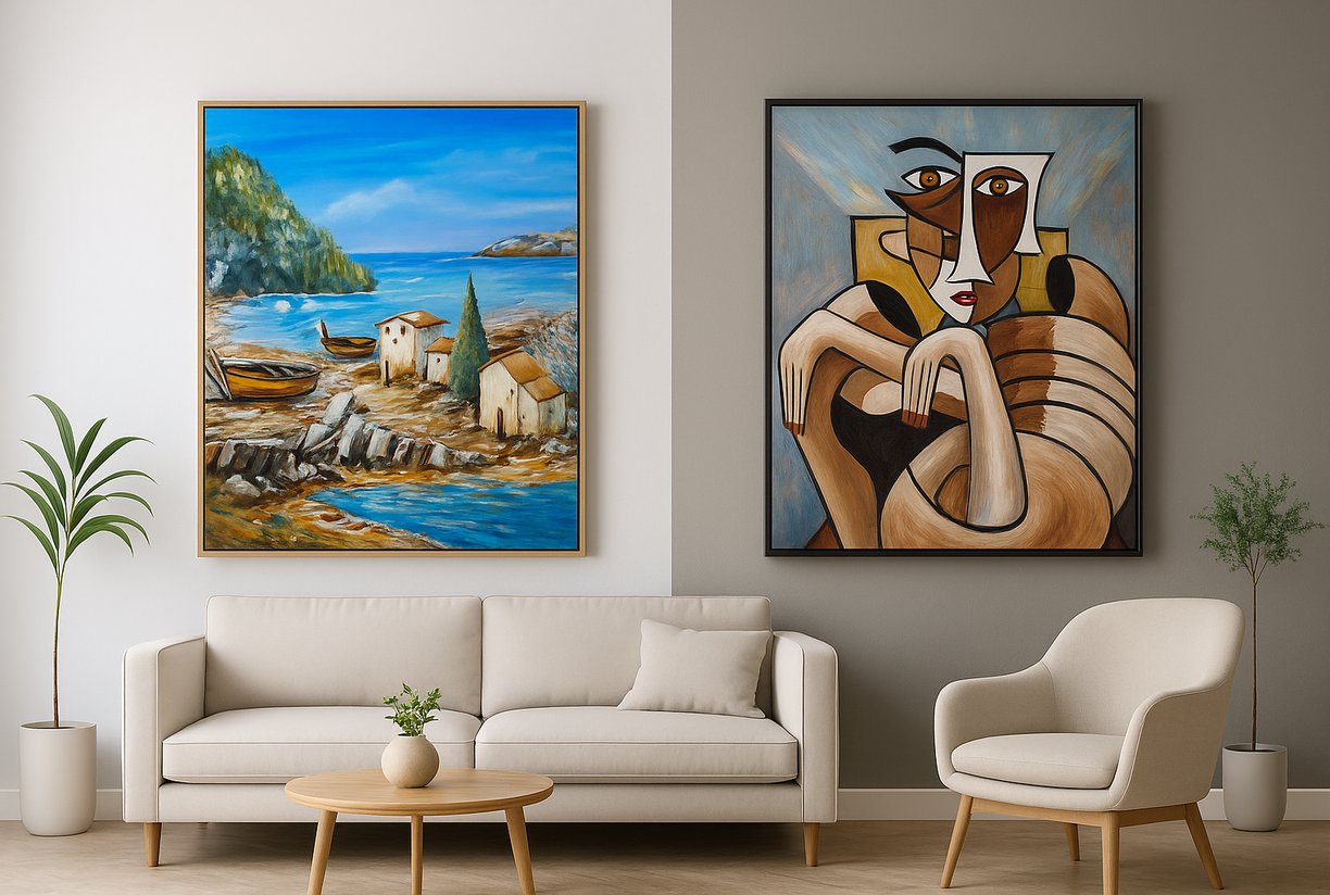 Tableau provençal méditerranéen avec maisons, bateaux et mer, tableau cubiste moderne femme