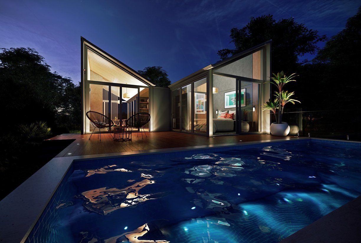 Eco-conscious woodland cabin: floor-to-ceiling windows, timber finishes, private pool in the trees