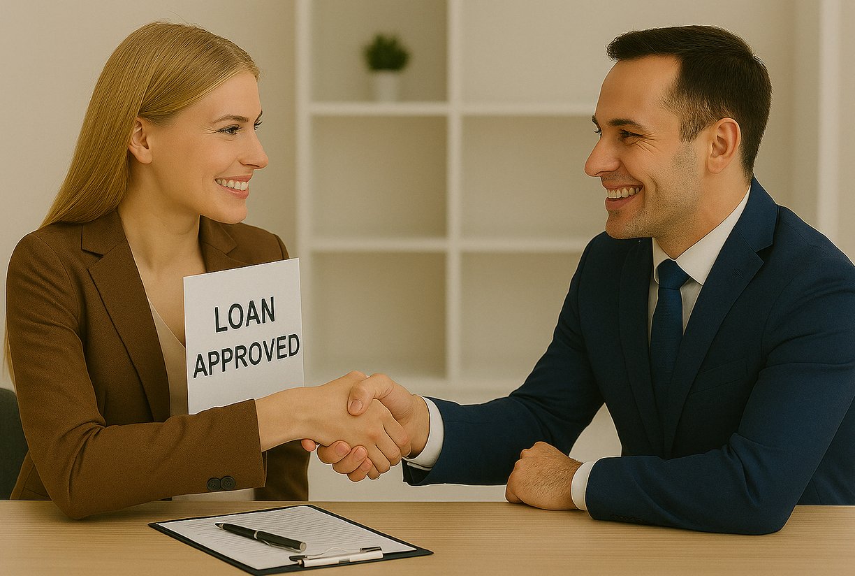 "Fast business funding approved through alternative lending—smiling loan officer and happy client shake hands.
