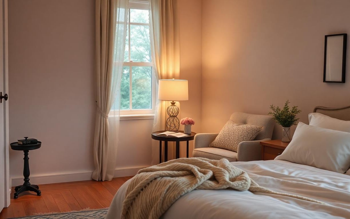 a cozy bedroom with a reading nook