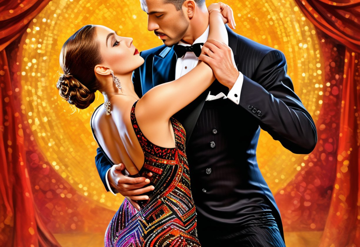 a man and woman dancing in a ballroom