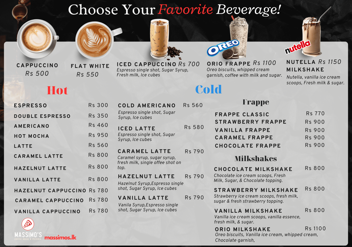 Ragama coffee, cappuccino and beverage menu and price list