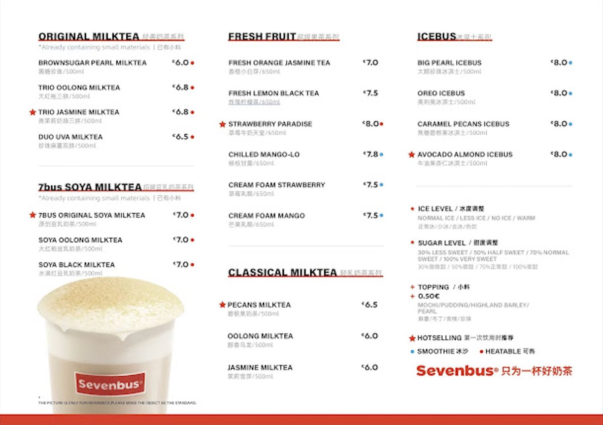 Sevenbus Bubble Tea Paris Menu Carte Prix