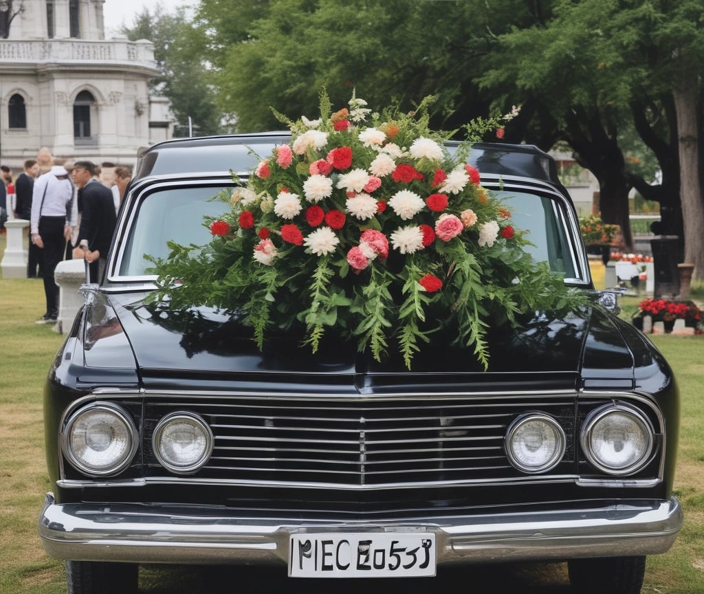 schwarzes bestattungsfahrzeug mit blumen schmuck vor dem friedhof an der trauerhalle