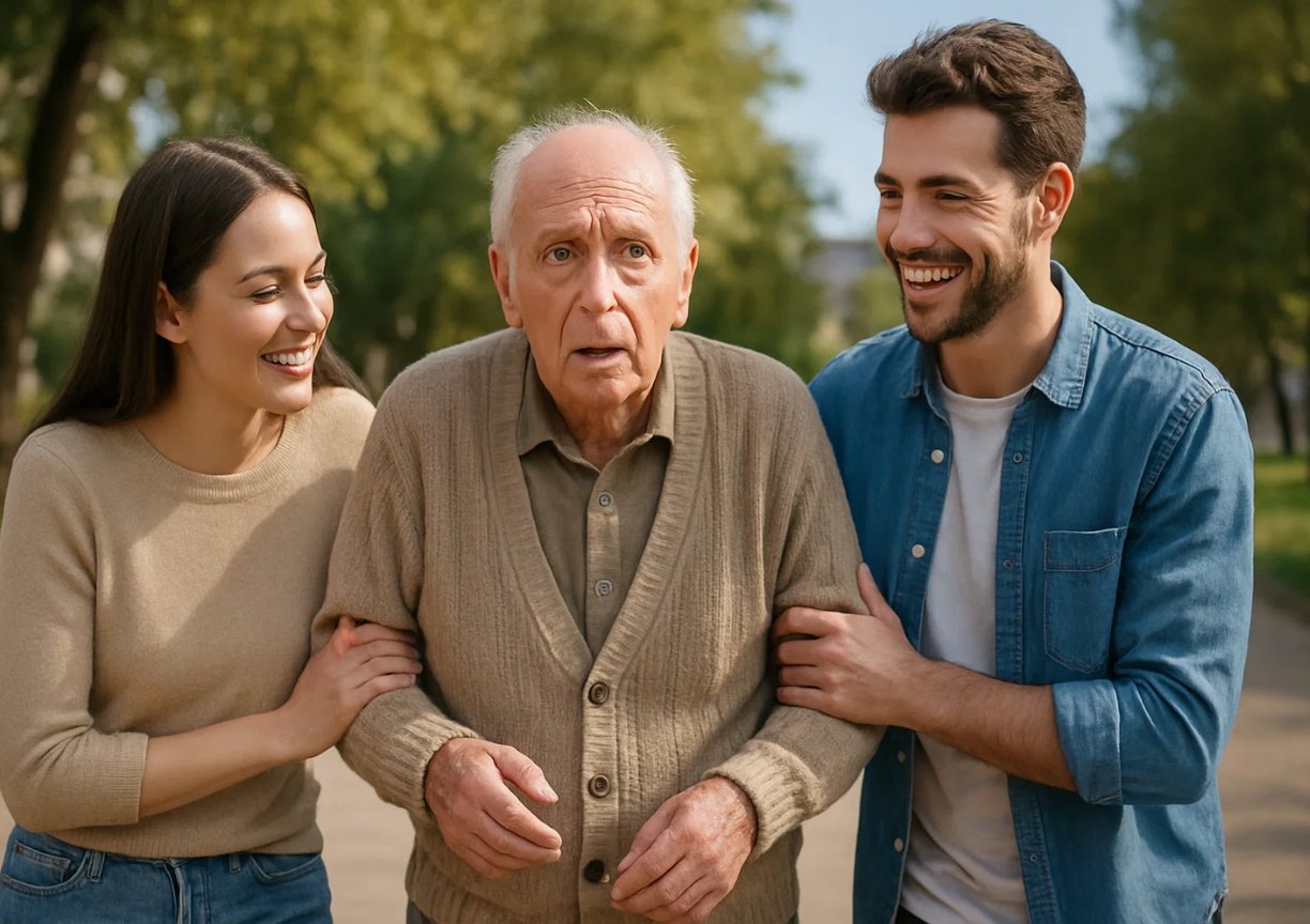 Deux personnes aident un homme âgé pour la journée mondiale d'Alzheimer.
