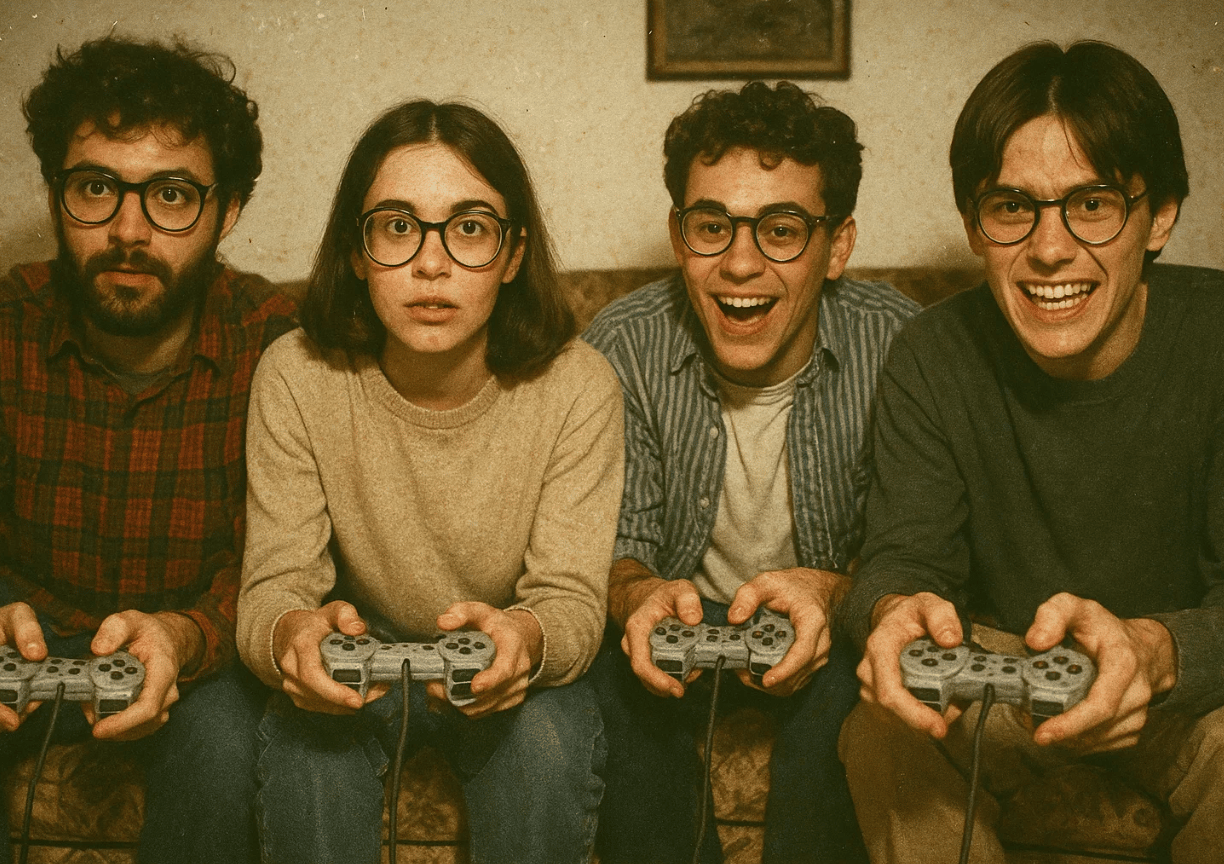 Quatre amis jouent ensemble à la console pour la journée internationale des geeks.