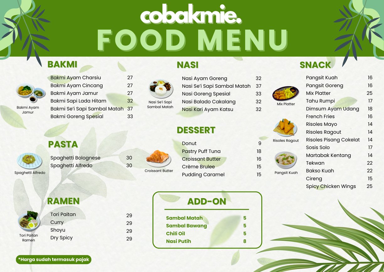 a menu of food and drinks on a table