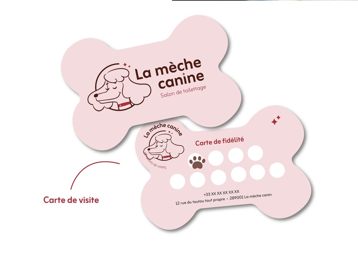 Réalisation : carte de visite - La mèche canine -Salon de toilettage- Amy Atelier Graphique